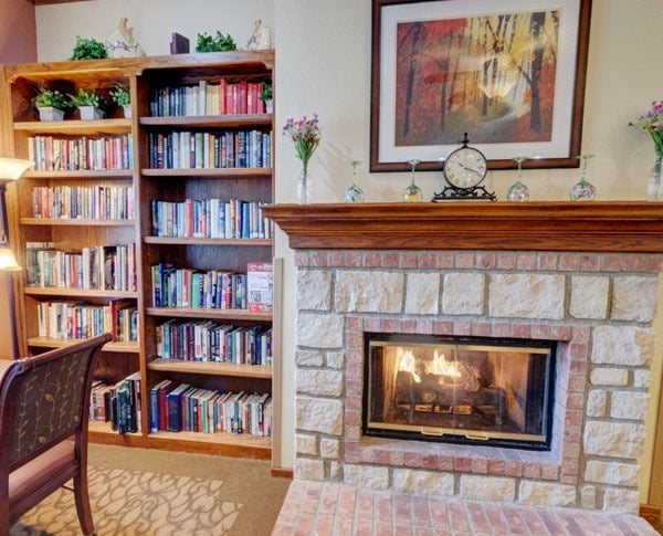 community lobby with fireplace